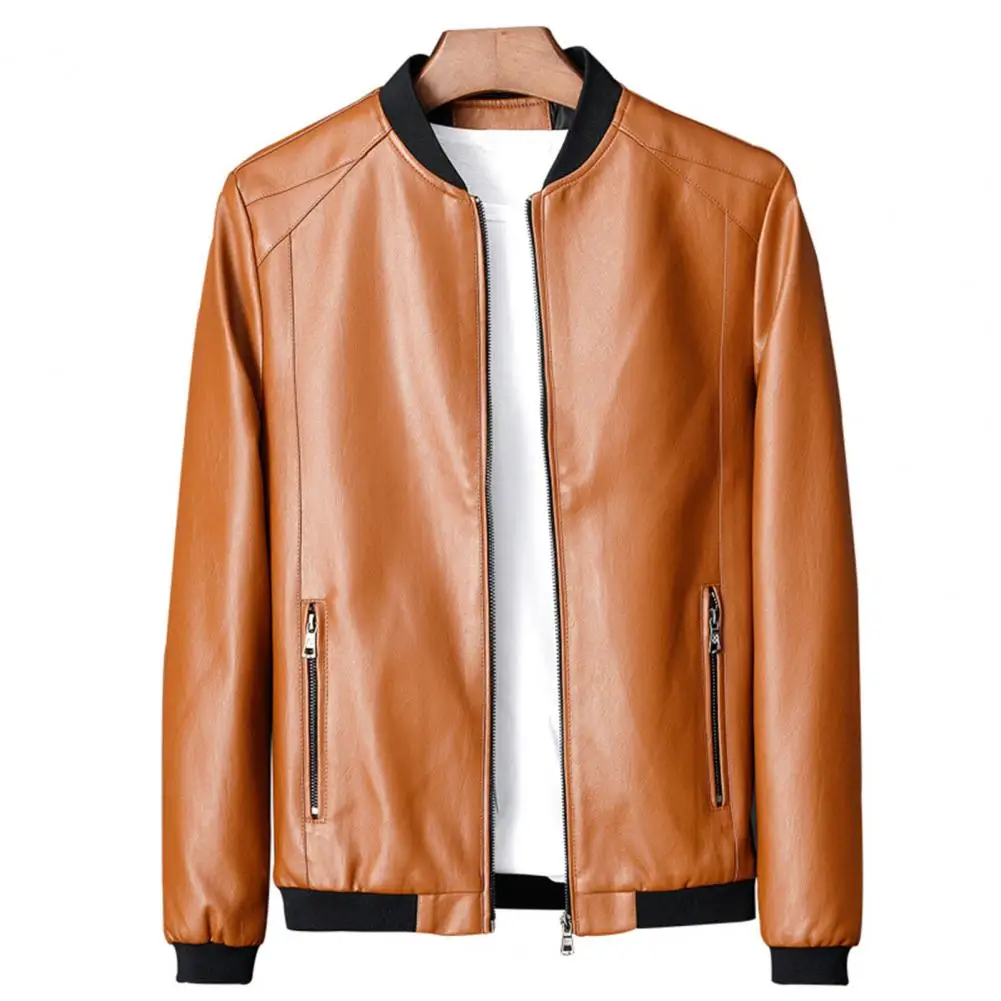 

Однотонная мужская куртка, стильная мужская мотоциклетная куртка из искусственной кожи, ветрозащитная куртка с воротником-стойкой и застежкой-молнией для осени/зимы