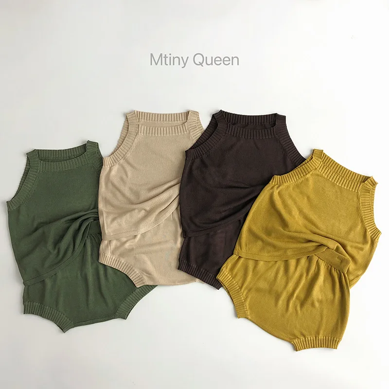 

Children Clothing Set Boys and Girls Cool Cotton Summer Korean Style Style Knitted Vest Shorts Casual Simple Two Piece Set