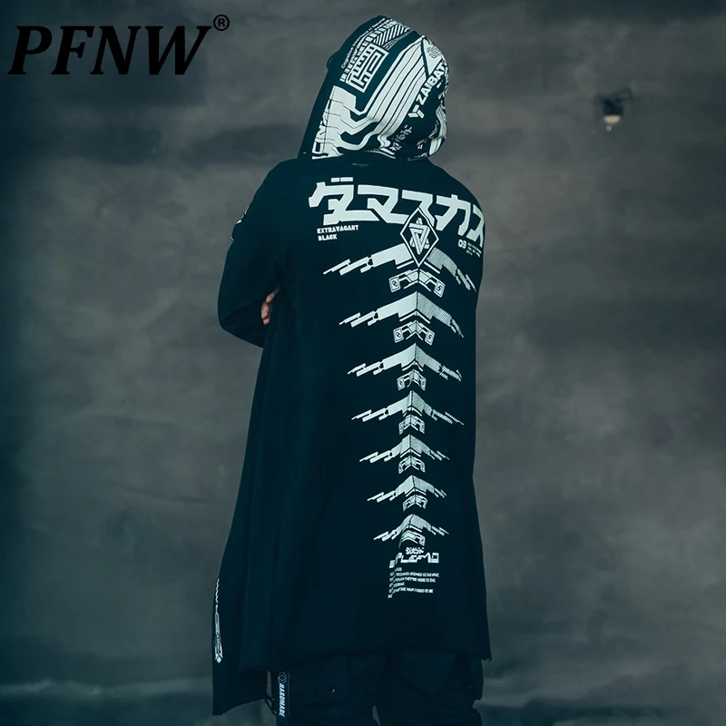 

PFNW Spring Autumn Men's Fashion Darkwear Long Cloak Hooded Design Trench Coat Chic Handsome Print Techwear Windbreaker 12A7887