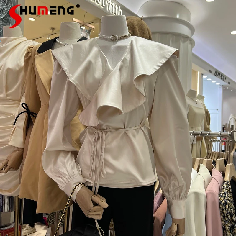 

Korean Style 2022 Spring New Female Simple Satin Ruffled Sailor Collar Lace-up Blusas Women's Fashion Elegant Loose Shirt Top
