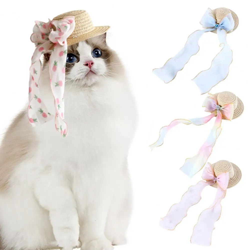 

Pet Hat Braided Protect Skin Bowknot Pet Dog Straw Lace Bow Sunhat for Holiday