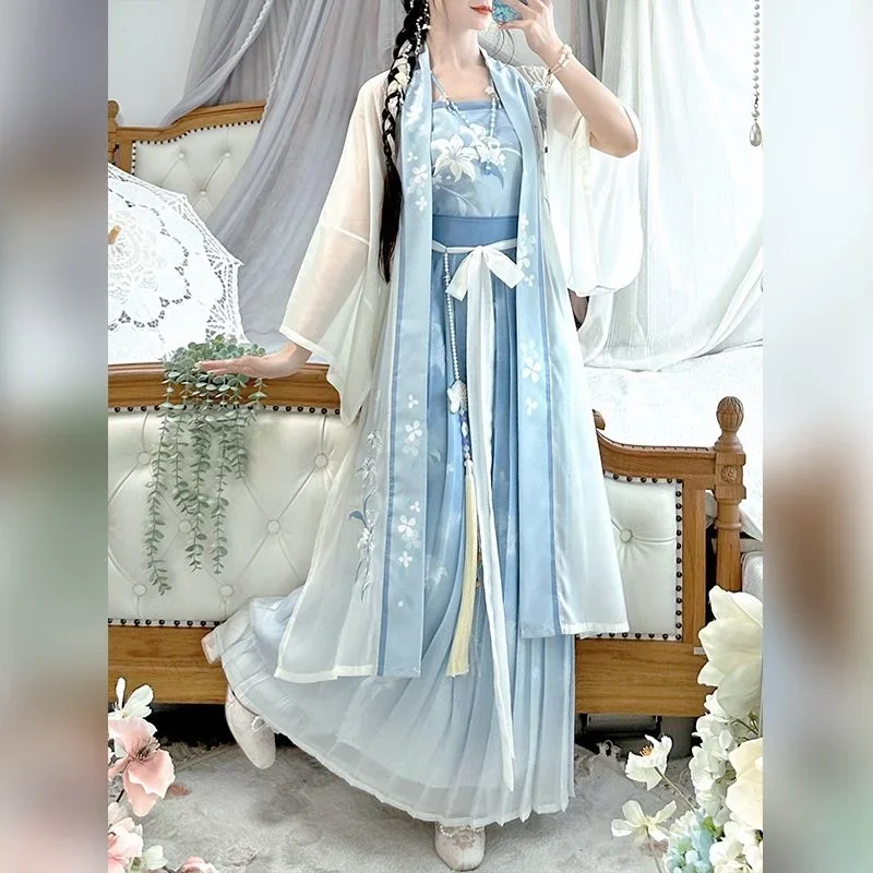 

Женское платье Hanfu с традиционным китайским принтом Hanfu, студенческий костюм для косплея на Хэллоуин Hanfu, голубые наборы из 3 предметов