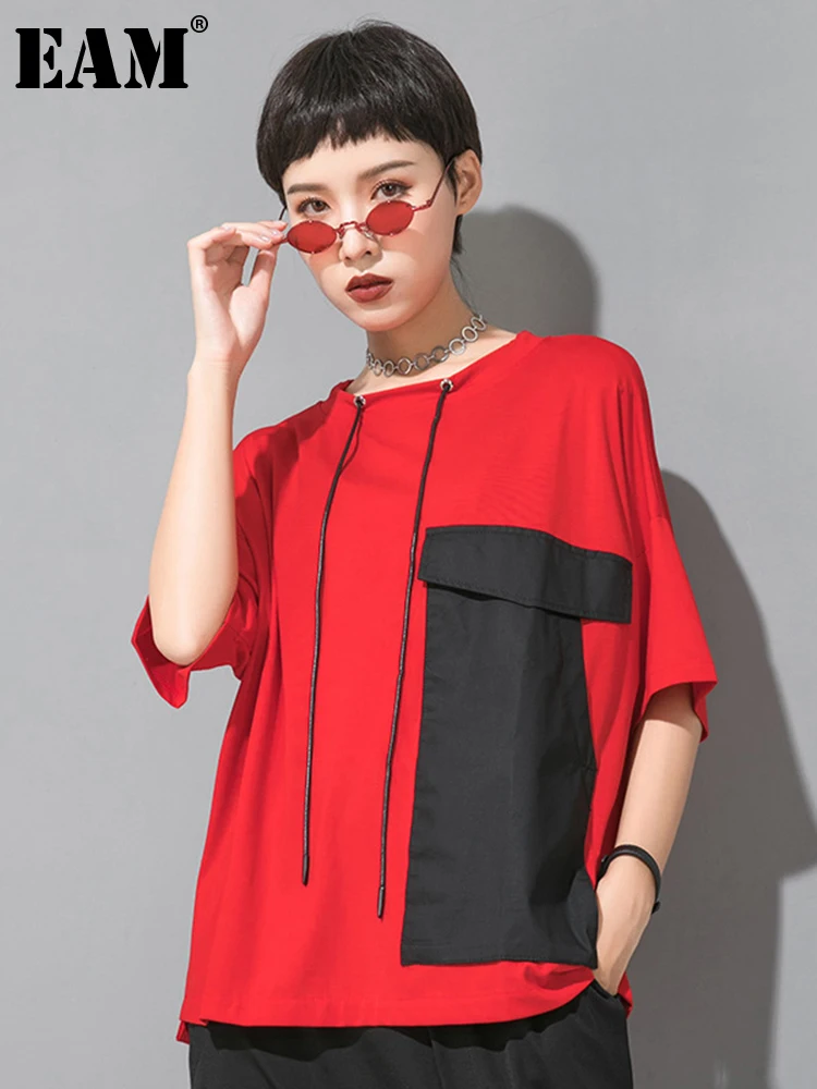 

[EAM] Women Red Pocket Drawstring Casual Big Size T-shirt New Round Neck Short Sleeve Fashion Tide Spring Summer 2023 1DE9317