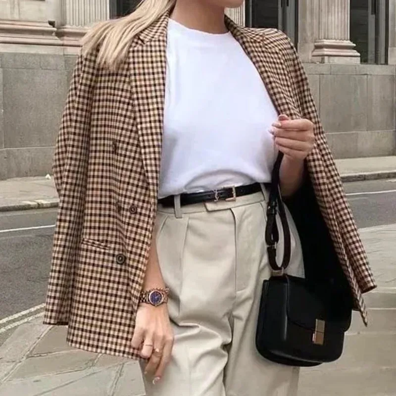 MUXI-Женская двубортная куртка в клетку свободный офисный костюм Официальный