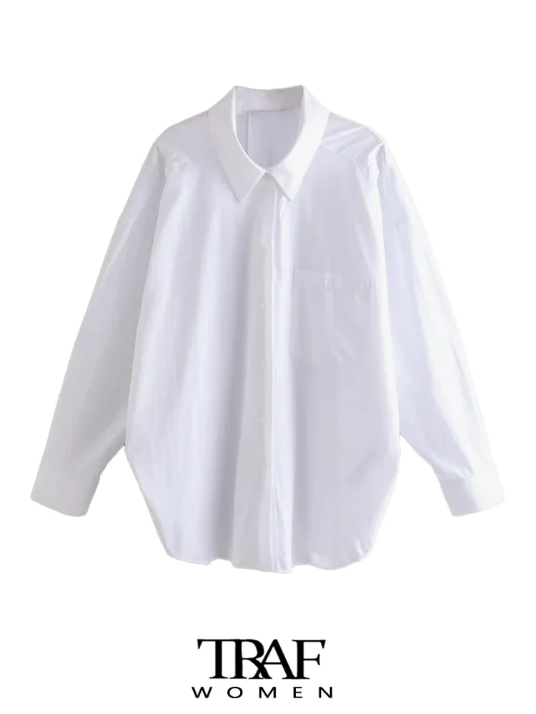 

TRAF Women Fashion Oversized Asymmetric Poplin Shirts Vintage Long Sleeve Button-up Female Blouses Blusas Chic Tops