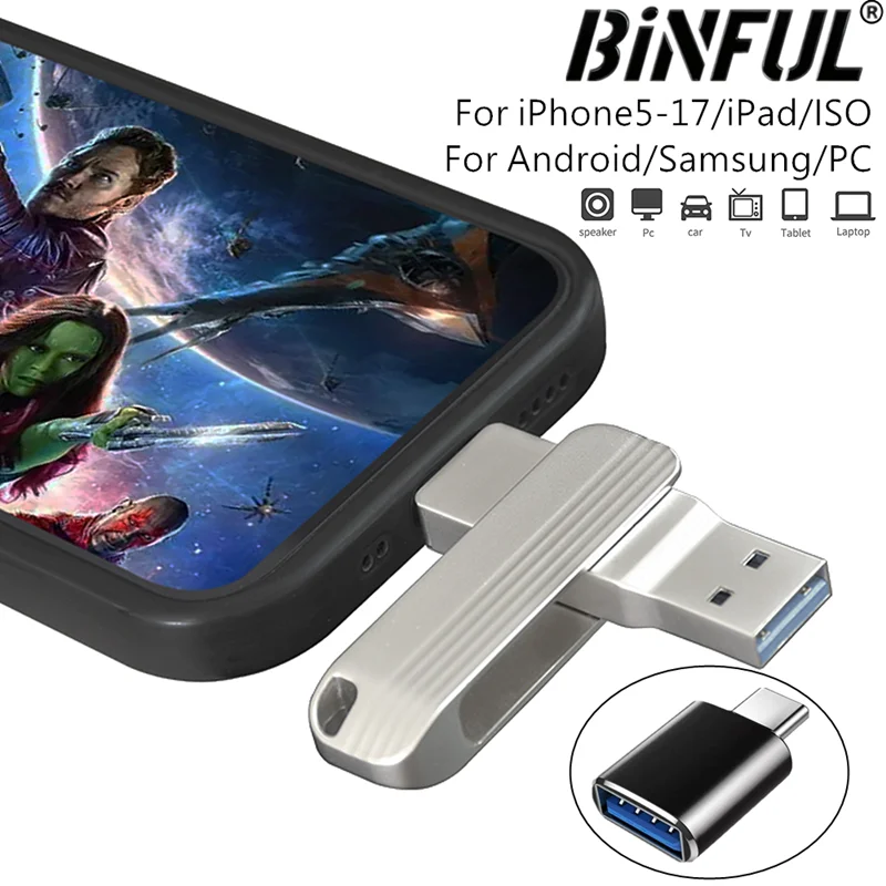Фото Новый USB-накопитель 3-в-1 512 ГБ 256 ГБ 128 ГБ Type-C для iPhone, iPad, Android, Samsung OTG, высокоскоростной внешний накопитель №1