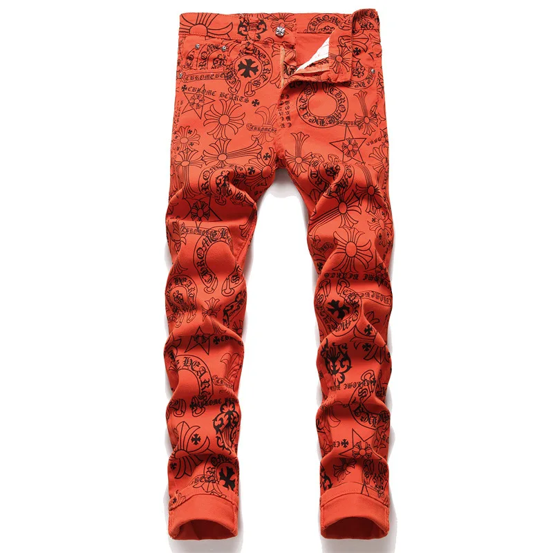 

New Men's Orange Slim Cut Printed Jeans Slim Night Club Fashionable Pattern Pants Casual Stretch Pants Streetwear