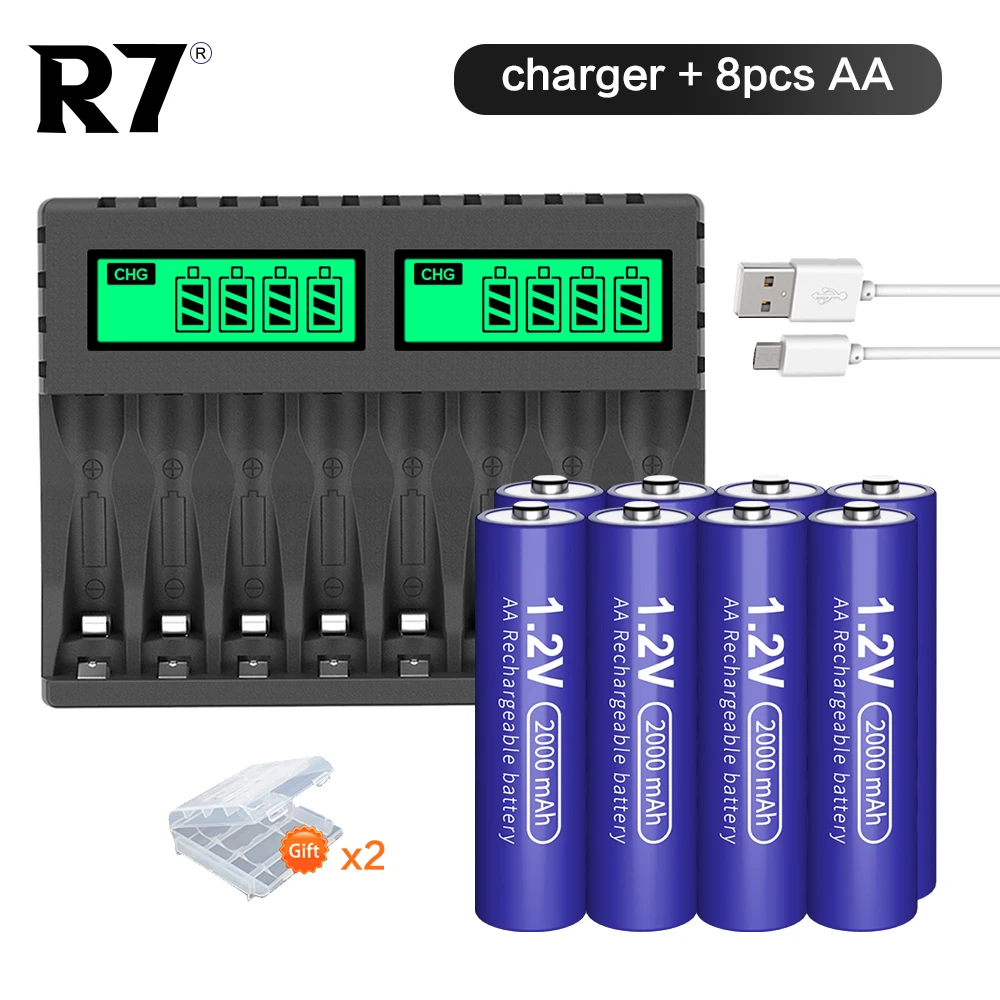 

R7 2000mAh AA regargeable battery 1.2V Ni-MH batteries aa battery rechargeable with LCD Display Smart Battery Charger