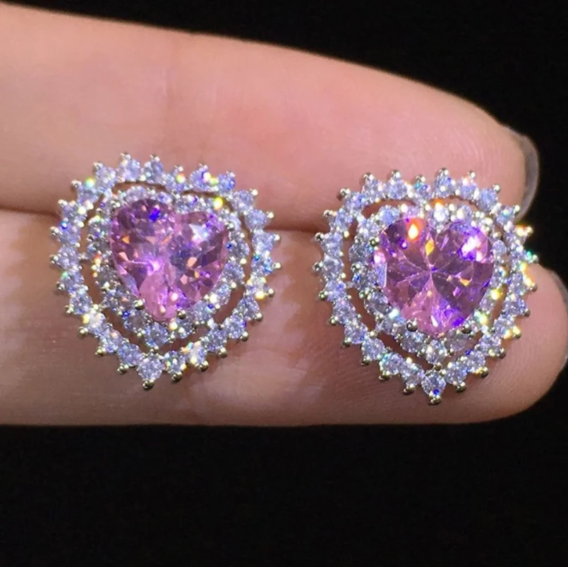 

ANGLANG Luxury Heart Shape Cubic Zirconia Stud Earrings Women Pink Simple Elegant Earrings Wedding Trendy Jewelry