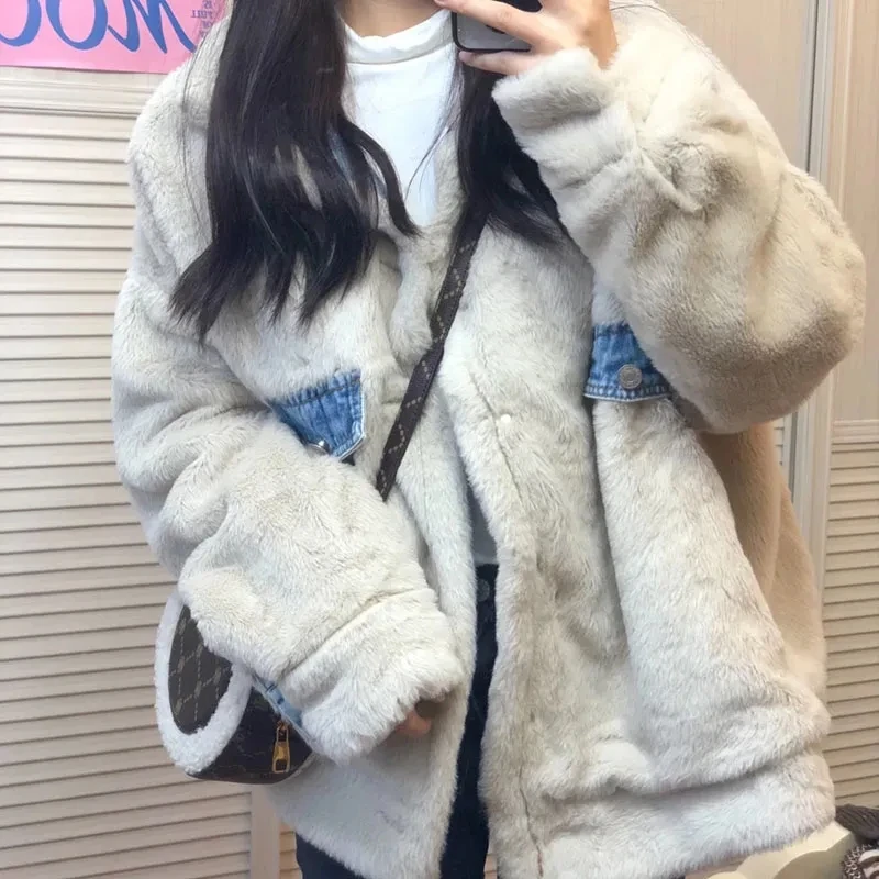 denim Both Sides Wear Denim Jacket Female Korean Style Loose Leopard Print Faux Rabbit Fur Coat Winter Autumn Jacket Woman