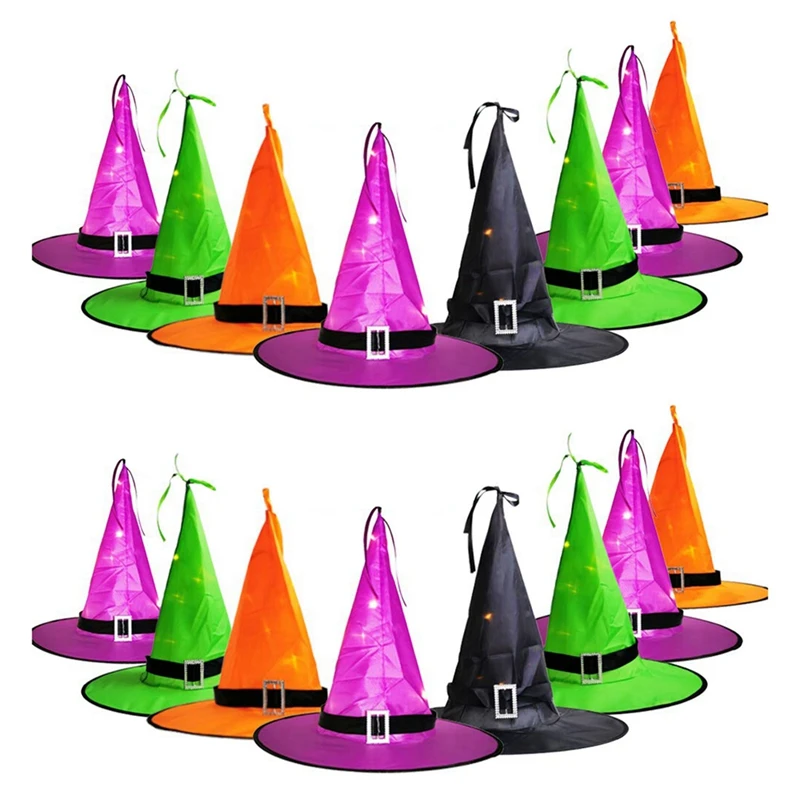 

16Pcs Halloween Decorations LED Lighted Witch Hats Hanging Glowing With Lights For Outdoor, Yard, Garden, Tree 2