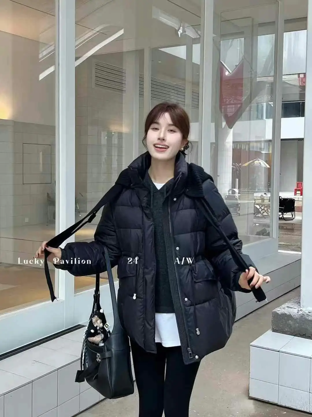 Casual Knitted Hood Down jacket 2024 Autumn and Winter Loose Stand Collar Drawstring Waist Hugging Thick Warm Outerwear