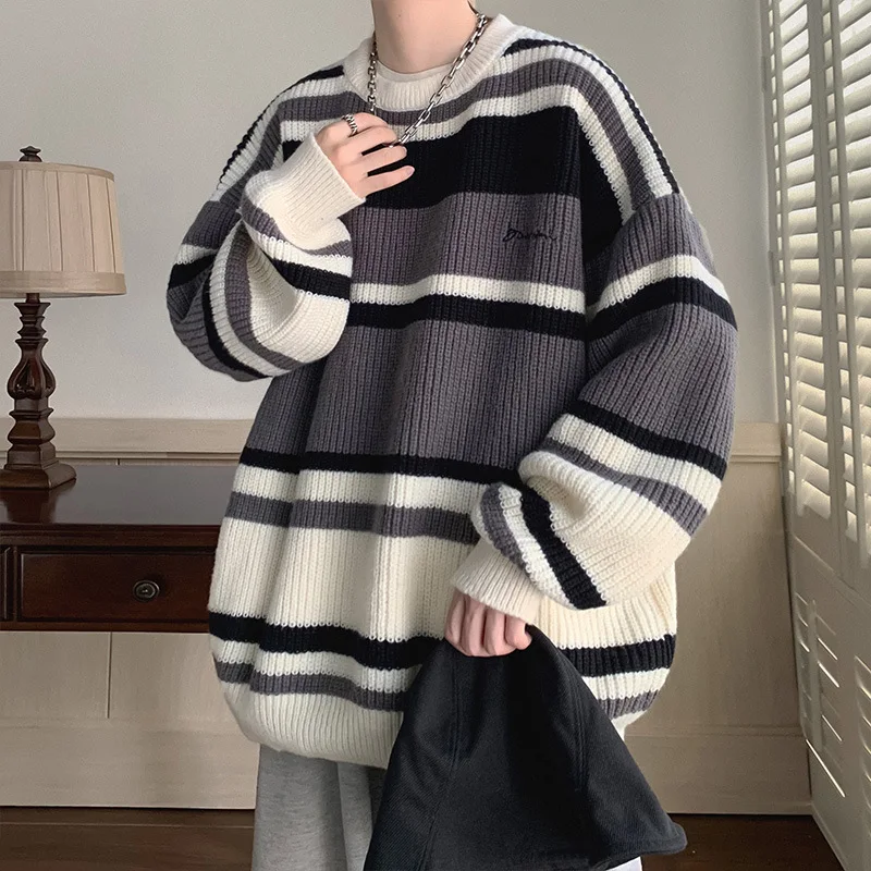 Sweater men's vintage stripe contrast undershirt line sweater autumn and winter thick trendy brand loose knitwear jacket