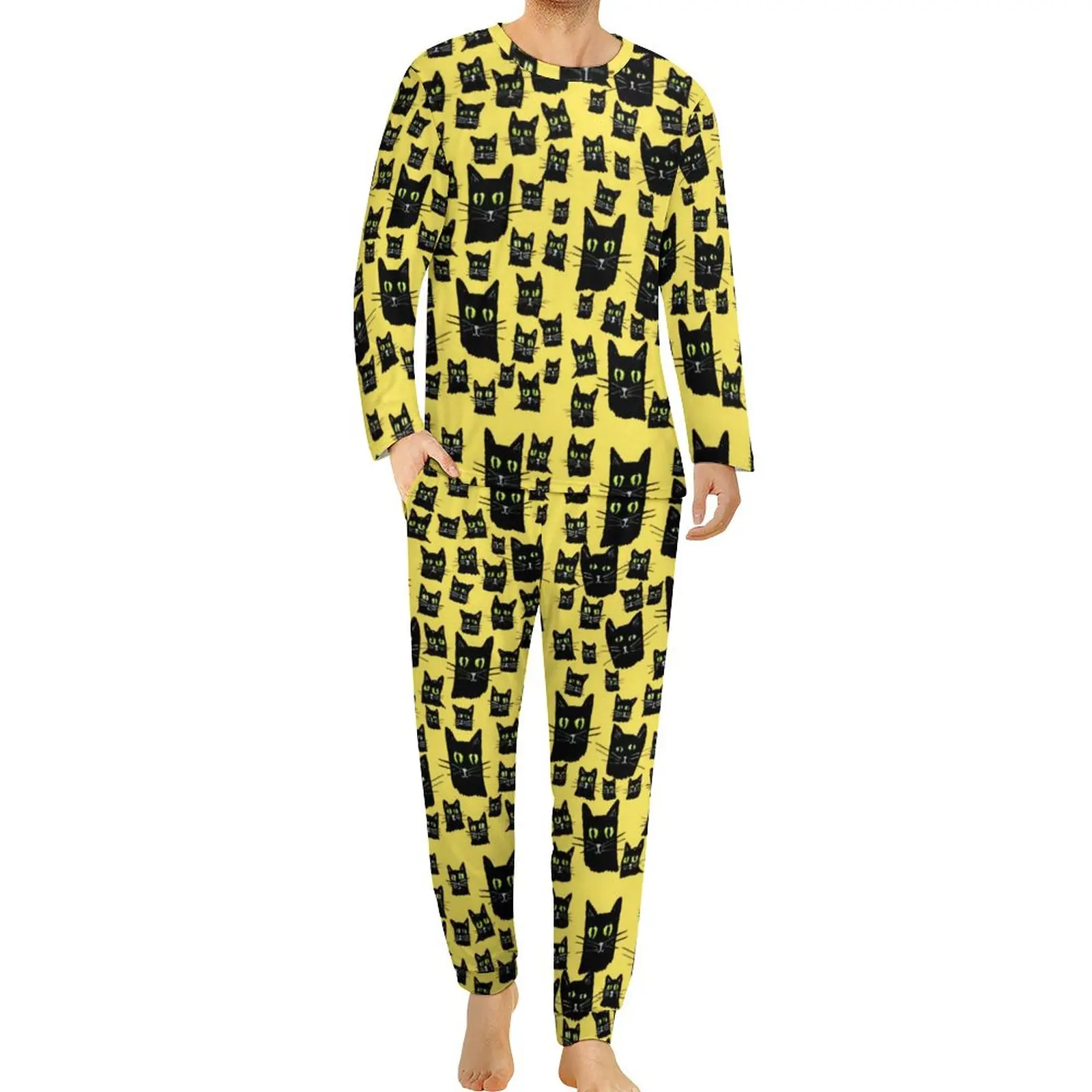 Spooky Black Cat Pajamas Spring 2 Piece Halloween Print Lovely Pajamas Set Men Long Sleeve Bedroom Printed Sleepwear Big Size