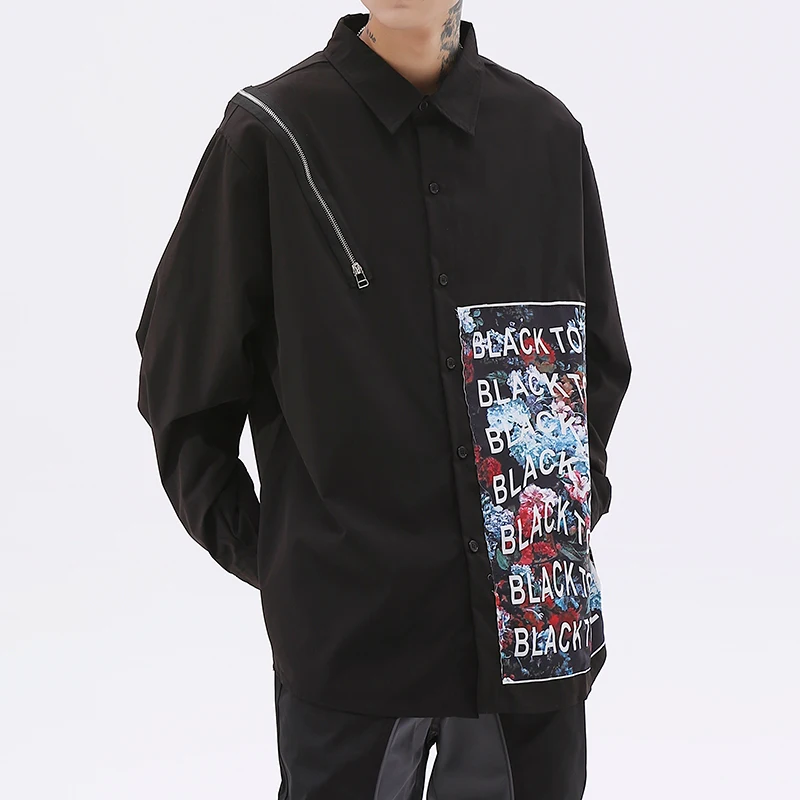 

Harajuku Zipper Decorate White Black Long Sleeve Men's Autumn Shirts Retro Streetwear Spliced Oversized Loose Couple Tops