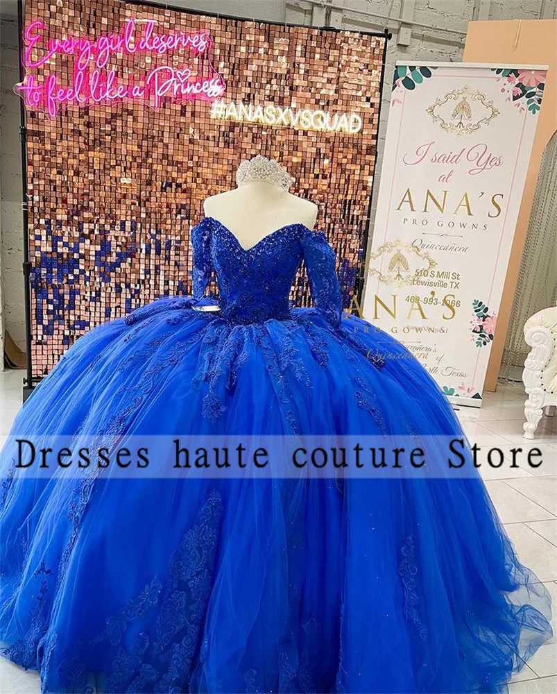 

Новое поступление, ярко-голубое платье с аппликацией из стразов, бальное платье с длинным рукавом, милое платье принцессы 16 лет, платья 15 лет