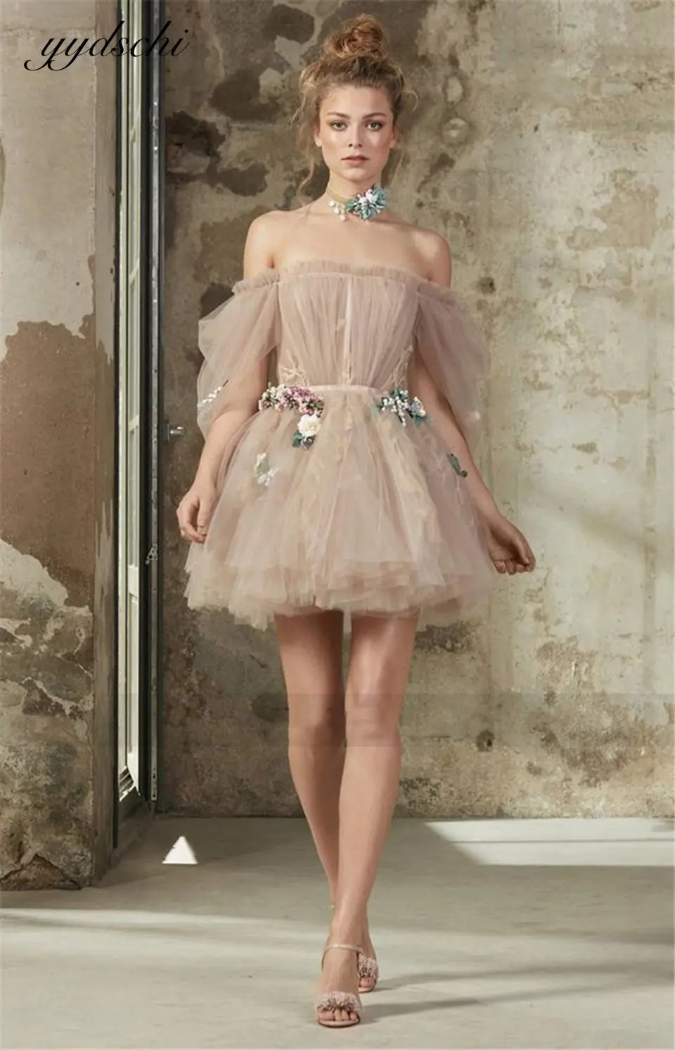

Off The Shoulder Pink Cocktail Dress Tulle Appliques Boat Neck Prom Dresses 2022 Princess Women Party Gown Vestidos De Gala