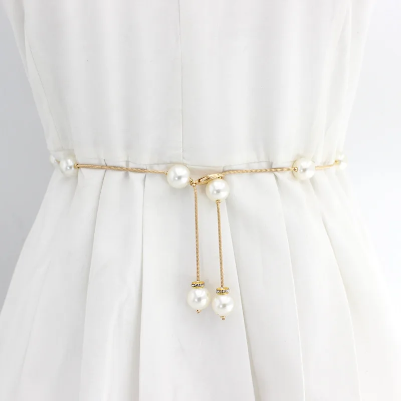 New Fashion Women Simple Dress Shirt Pearl Waist Chain Metal Hook Ladies Decoration Thin Belts Chain