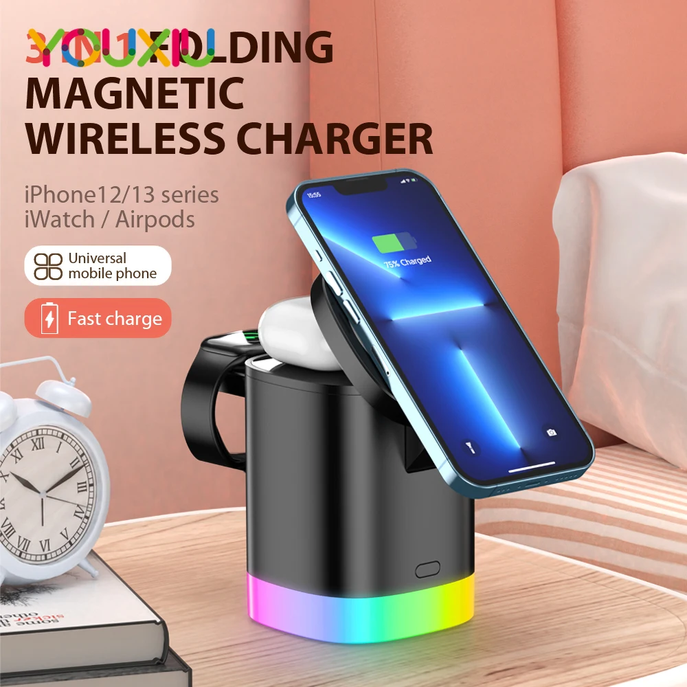 15W Magnetic Fast Wireless Charger Stand Dock For iPhone 13 12 Pro Max Mini Apple iWatch 7 Airpods USB Fast Charging Station