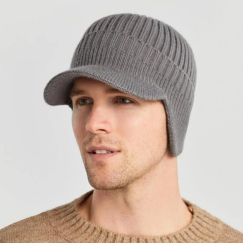 Men Knitted Hat Earcuff Caps For Male Beanie With Brim Acrylic Ear Protection Design Warm Autumn And Winter Woolen WY0220