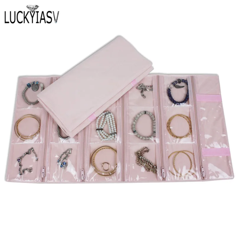 Travel Jewelry Case Roll Bag Organizer for Bracelet Earrings Ring Zipped Grids with PVC Cover Black/Grey/Pink Velvet