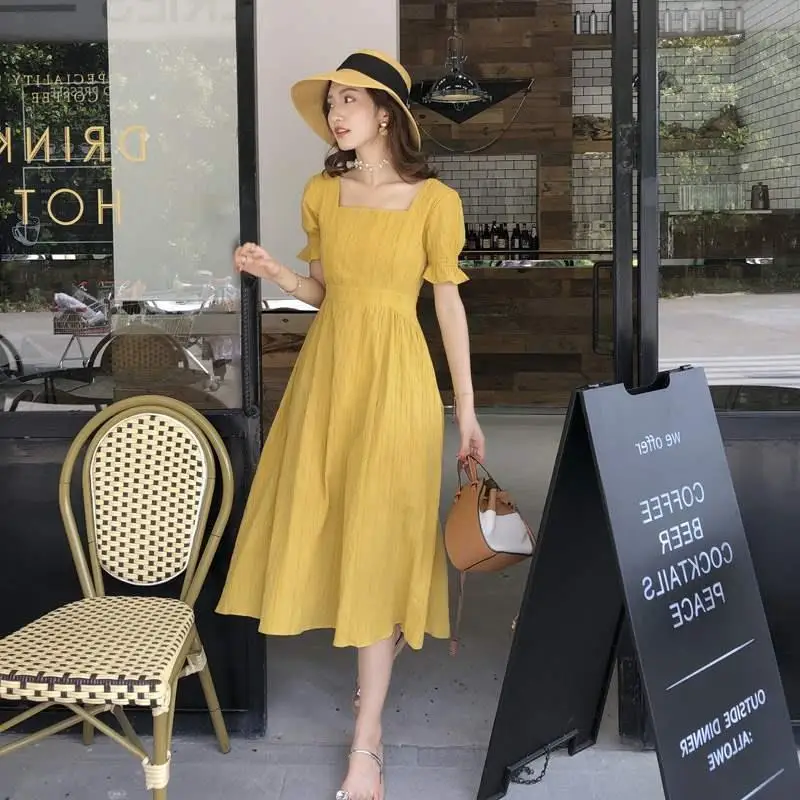 Short Sleeve Dress Women Folds A-line Solid Simple Puff-sleeve Square Collar Retro Elegant Vestidos Ins Tender Sweet Girls M74