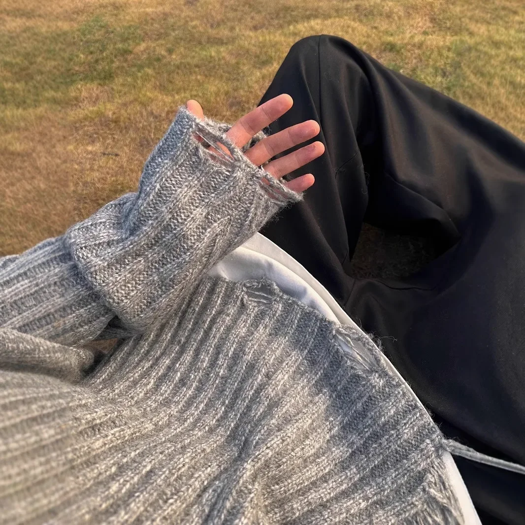 Осень-зима новый мужской вязаный топ укороченный свободный крой с бахромой