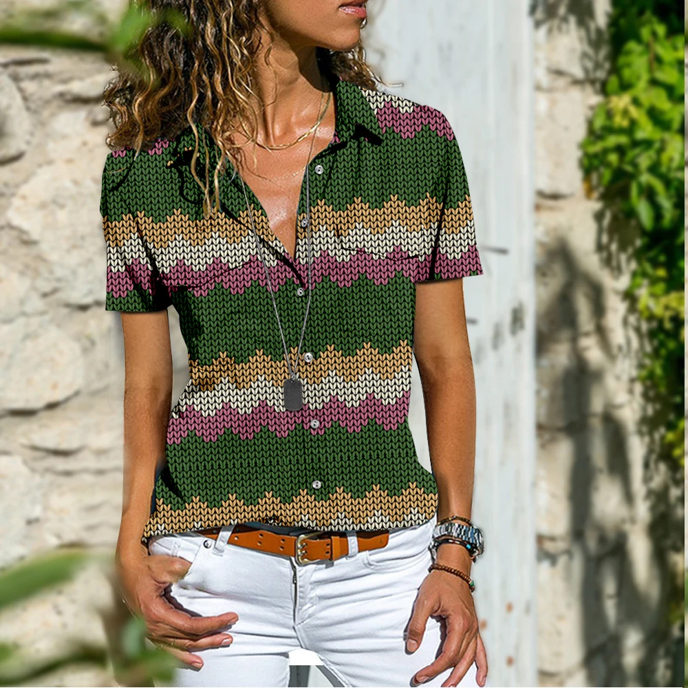 

Women's New Button Knit Printed Short Sleeve Shirts Summer Casual Tops