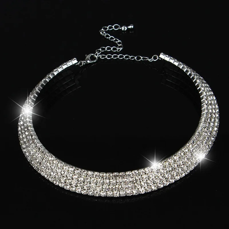 Crystal Rhinestone Choker Necklace Silver Plated and Gold Color Bridal Wedding Jewelry 1 2 3 4 5 Row Chokers Necklaces for Women