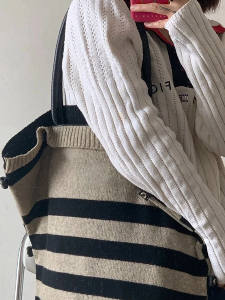 

Wool Knitted Tote Bag Lightweight Shopping Bag Foldable Large Capacity