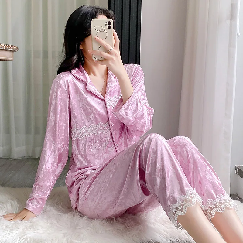 

Autumn Velour Pajamas Set Lace Applique Women Sleepwear Nightwear Intimate Lingerie Casual 2Pcs Pjs Sleep Suit Home Clothes