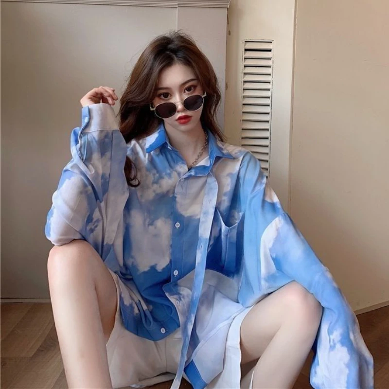 Женские летние рубашки с принтом облаков тонкие Топы длинным рукавом женская