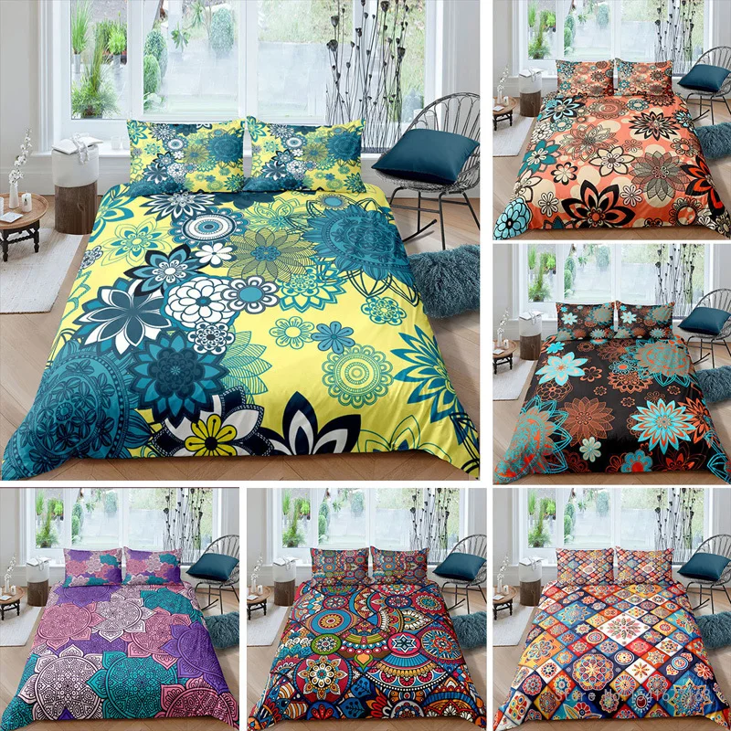 

3D home visit bedding digital print bohemian Series three-piece set washed quilted sanding home quilt cover pillowcase set