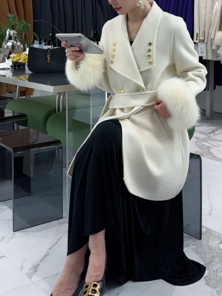 Двустороннее кашемировое пальто Socialite Sle из лисьего меха женская зимняя новая