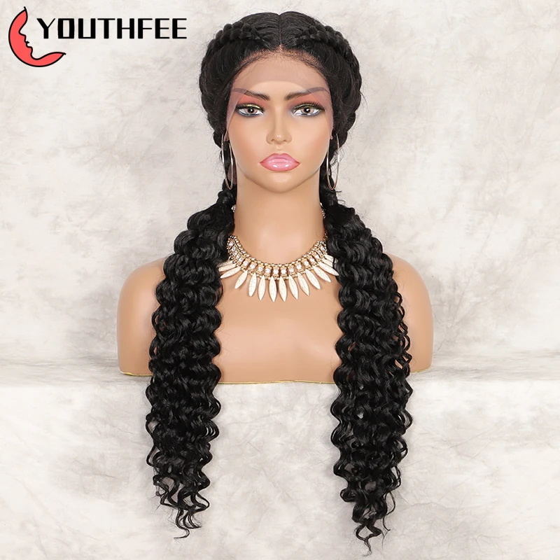 

Парик Youthfee с плетеными волосами, фронтальная часть из синтетических волос, двойной голландский Брайд, с изгибом, для чернокожих женщин, коса...