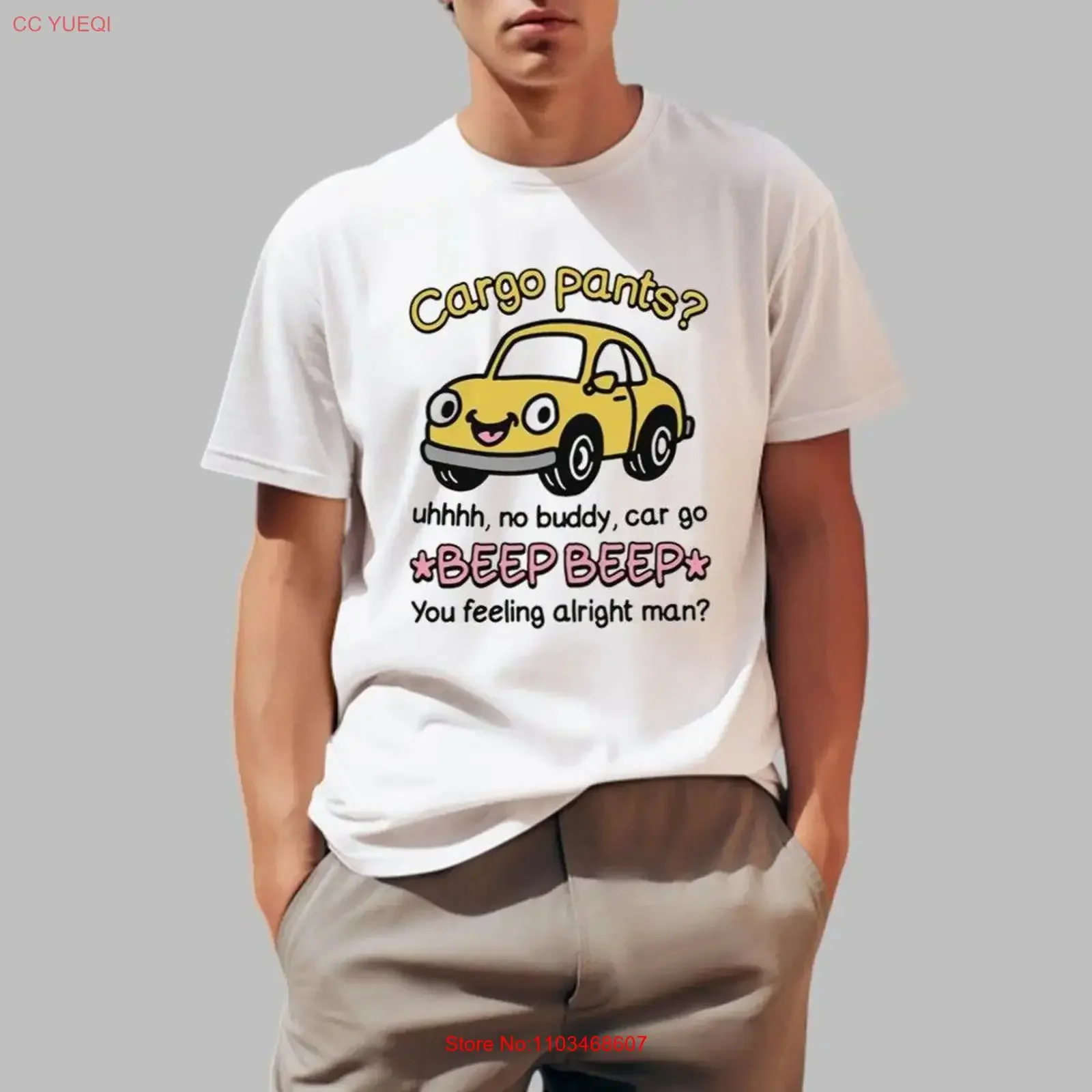 Фото Винтажная футболка унисекс с принтом «Cargo Pants Uhh No Buddy Car Go Beep You Feeling Alright Man», модная, эластичная, дышащая, с эффектом потертости №1