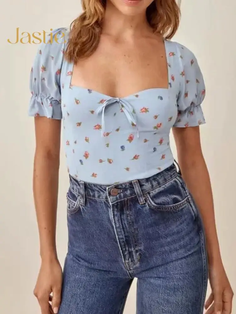 

Jastie 2023 женские летние рубашки с квадратным воротником Boho повседневные блузы с коротким рукавом с цветочным принтом топы Модные свободные г...