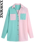 xnwmnz 2022 women fashion with pockets patchwork print loose shirts high street long sleeve button up female blouses chic tops