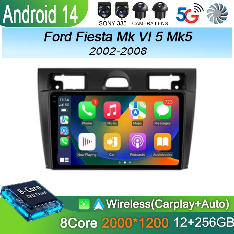 Android 14 Carplay Auto 2K экран автомобильный радиоприемник мультимедиа для Ford Fiesta Mk VI 5 Mk5