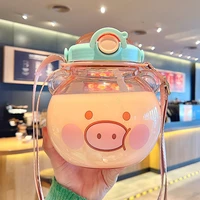 plastic cups large capacity 1430ml cute cartoon pot belly water bottle summer students portable oblique straw cup