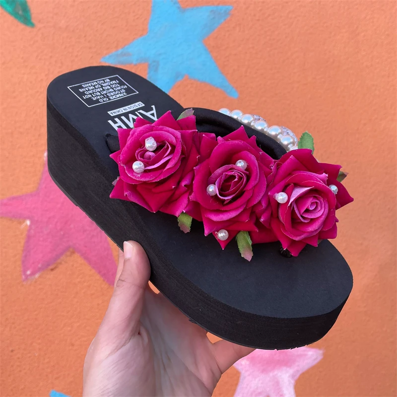 

6cm High Heel Women's Summer 3 Flower Korean Slope with Flip-flops Women's Platform Sandals Vacation Travel Sandals Womans Shoes