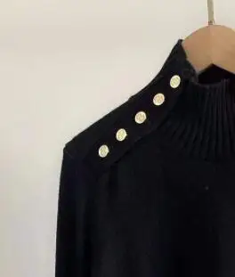 

Women Knitted Sweater Loose Long Sleeve Turtleneck Ladies Knitwear Pullover Tops Shoulder with Buttons