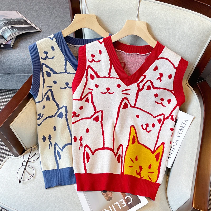 

Женский свитер-жилет с принтом, Осень-зима, корейский Свободный черный свитер с V-образным вырезом, Женские базовые Топы