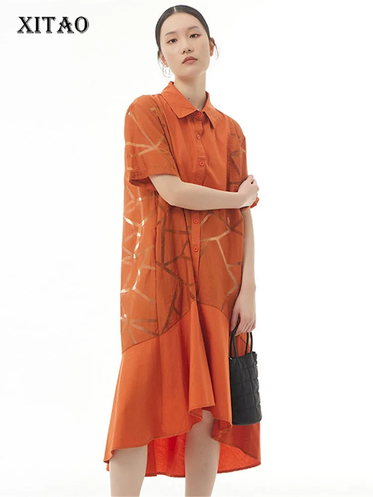 

XITAO Geometrical Pattern Fashion Dress Pleated Goddess Fan Pleated Hem Solid Color Irregular Loose Single Breast Dress WLD7724