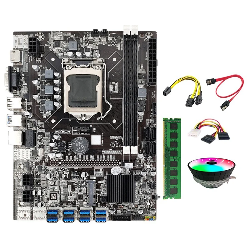

Материнская плата B75 для майнинга, LGA1155 8 GPU USB3.0 к PCIE + охлаждающий вентилятор + SATA кабель + DDR3 4 Гб 1333 МГц ОЗУ для майнинга биткоинов
