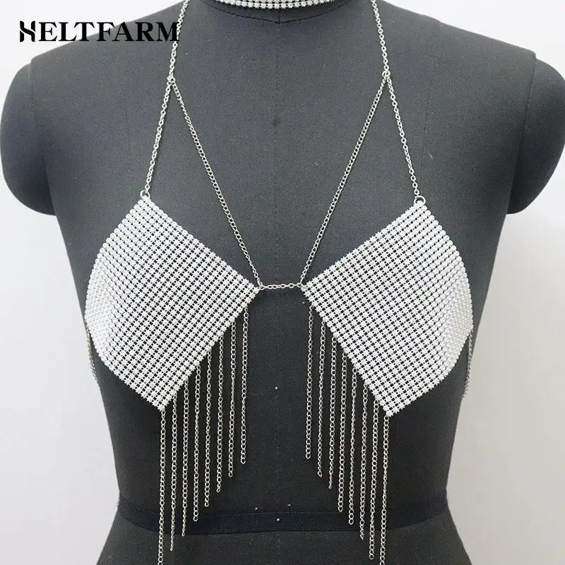 1pcs Fashion Harness Jewelry Rhinestone Shiny Crystal Body Chain Party Outfits Sexy Backless Short Halter Top Tassel Chest - купить по