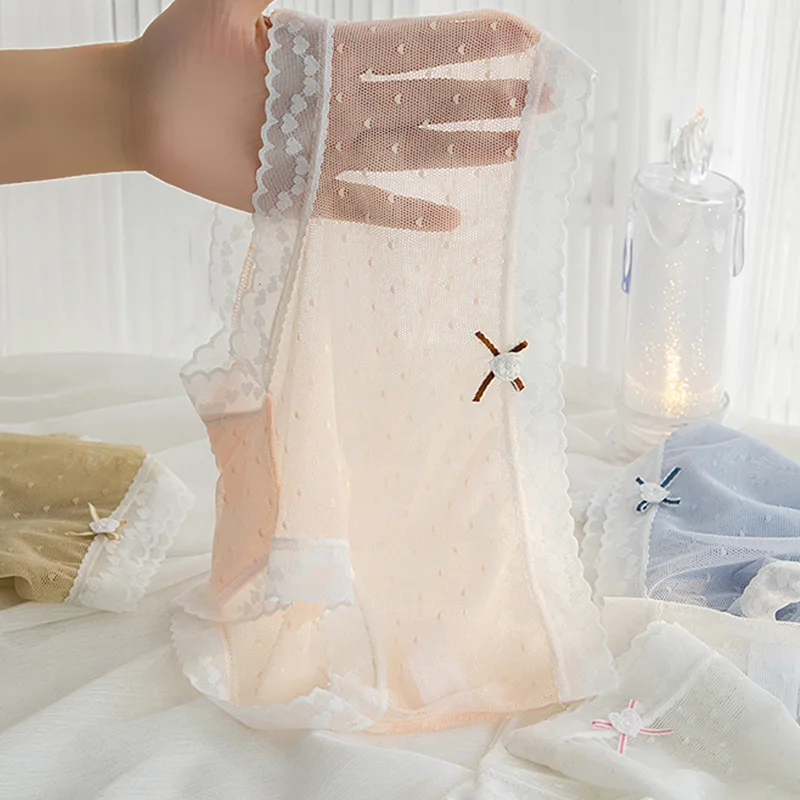 

6Pcs of Pure Desire Lace Briefs Polka Dot Mesh Girl Underwear Mid-waist Lace Pure Cotton Crotch Light Breathable Underwear Women