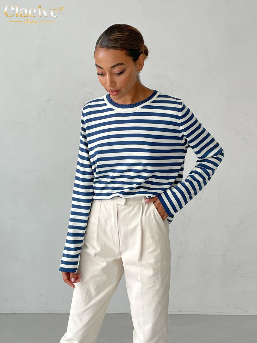 

Clacive Fashion Blue Stripe Tee Women T-Shirts Winter O-Neck Long Sleeve T Shirt Elegant Loose Knit Sweater Female Clothing 2022