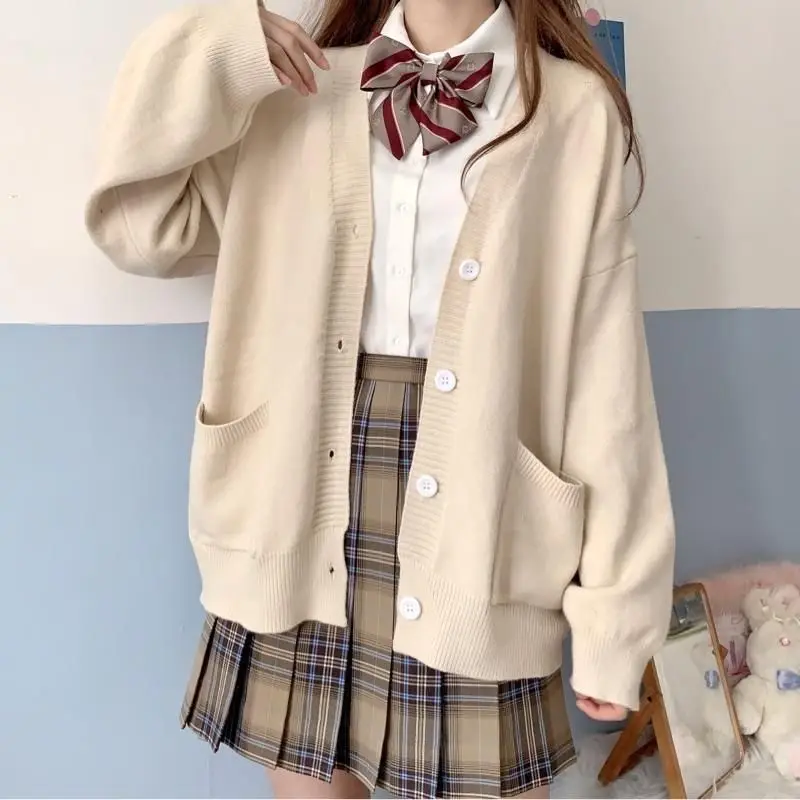 

Японский Школьный базовый свитер, женские осенние кавайные однотонные свободные вязаные кардиганы с V-образным вырезом в стиле преппи, униформа JK для косплея