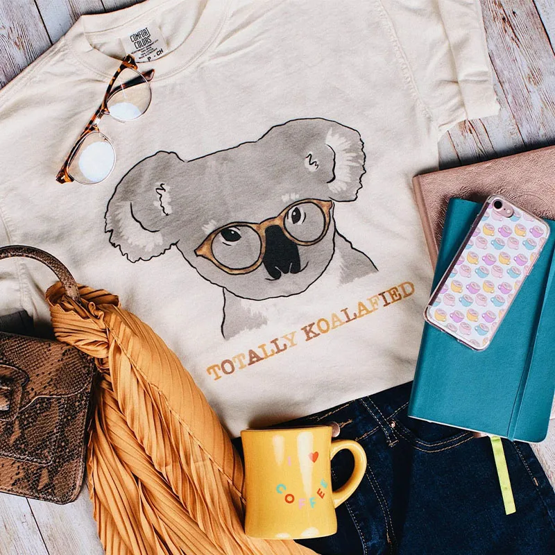 

Cute Koala Printing Women Short Sleeve Casual T Shirts Khaki Loose Cotton Crewneck Tops Tees Retro Style Summer Female Shirts